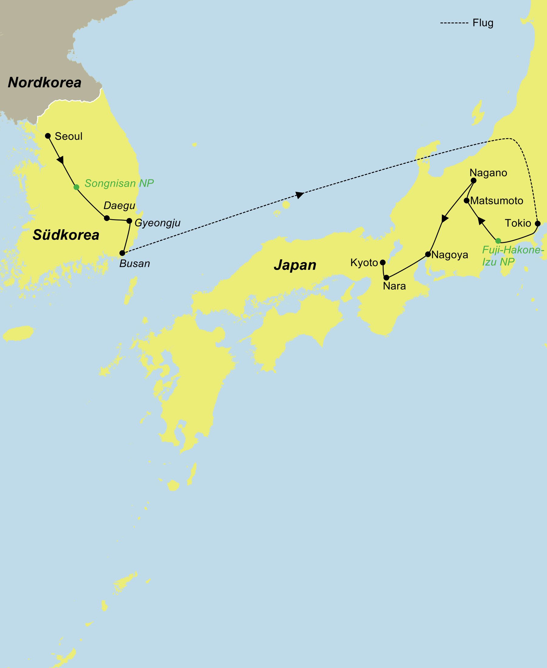 Reiseverlauf der Kombireise Südkorea und Japan 'Von Kimchi bis Sushi' mit dem Routenverlauf von Seoul über Busan per Flug nach Tokio und weiter bis Kyoto.