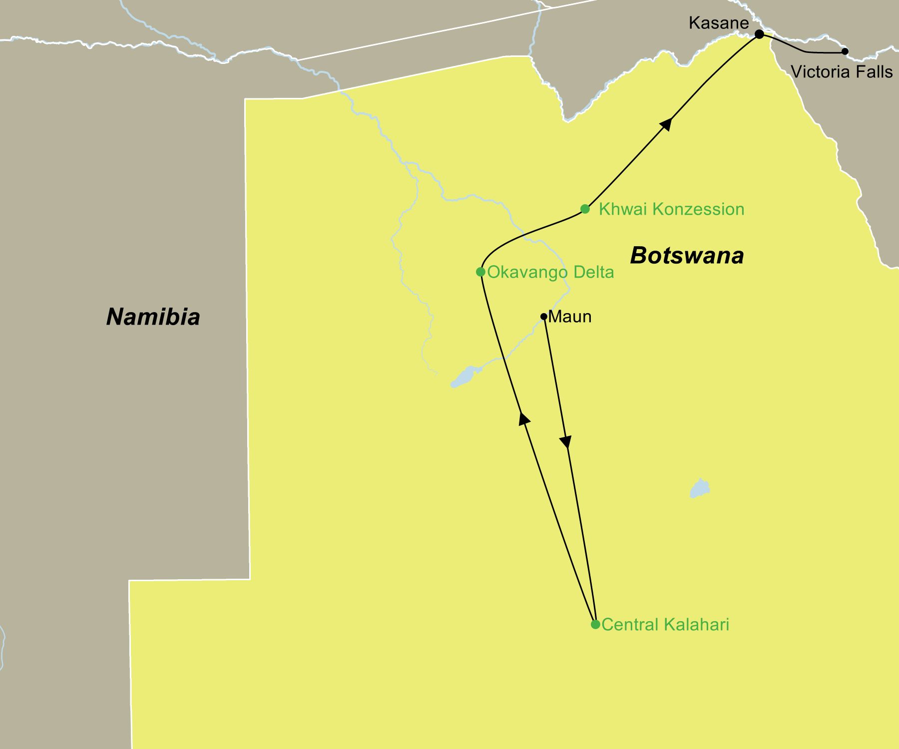 Routenkarte Abenteuerreise Botswana: Okavango Delta & Victoria Falls Landkarte der Abenteuerreise Botswana mit dem genauen Streckenverlauf von Maun über die Central Kalahari, das südliche Okavango Delta, die Khwai Konzession und Kasane bis zu den Victoria Falls.