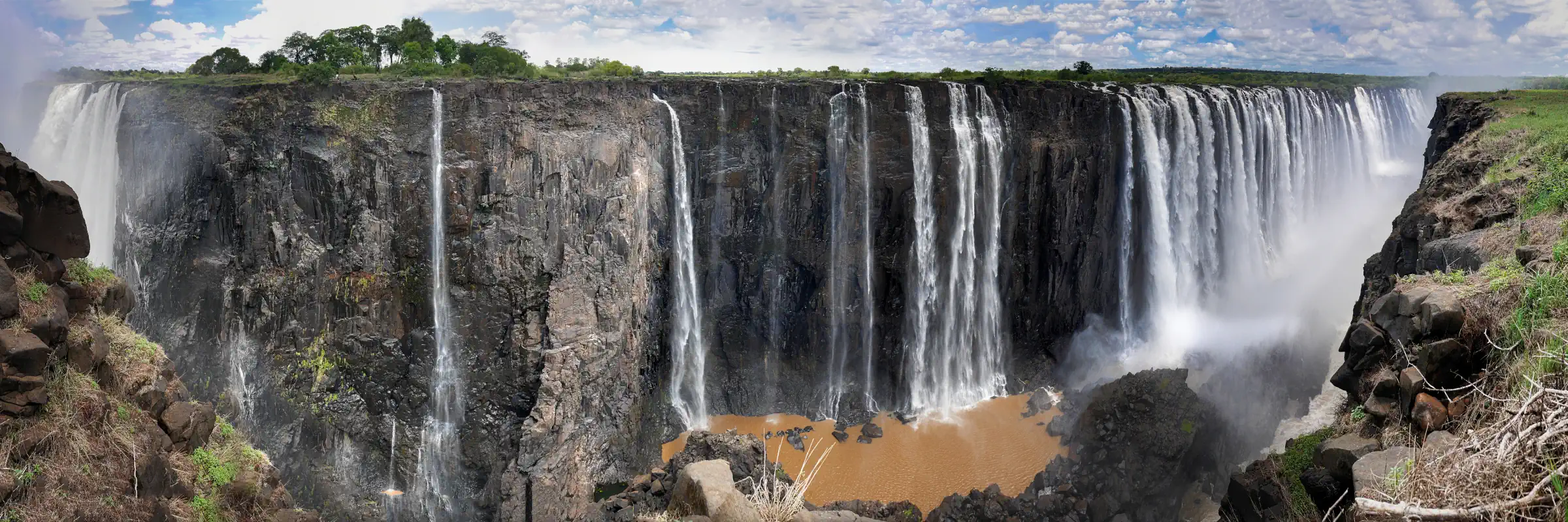 Panoramazug der Victoriafälle mit steilen Felswänden, Wasserfällen und aufsteigender Gischt
