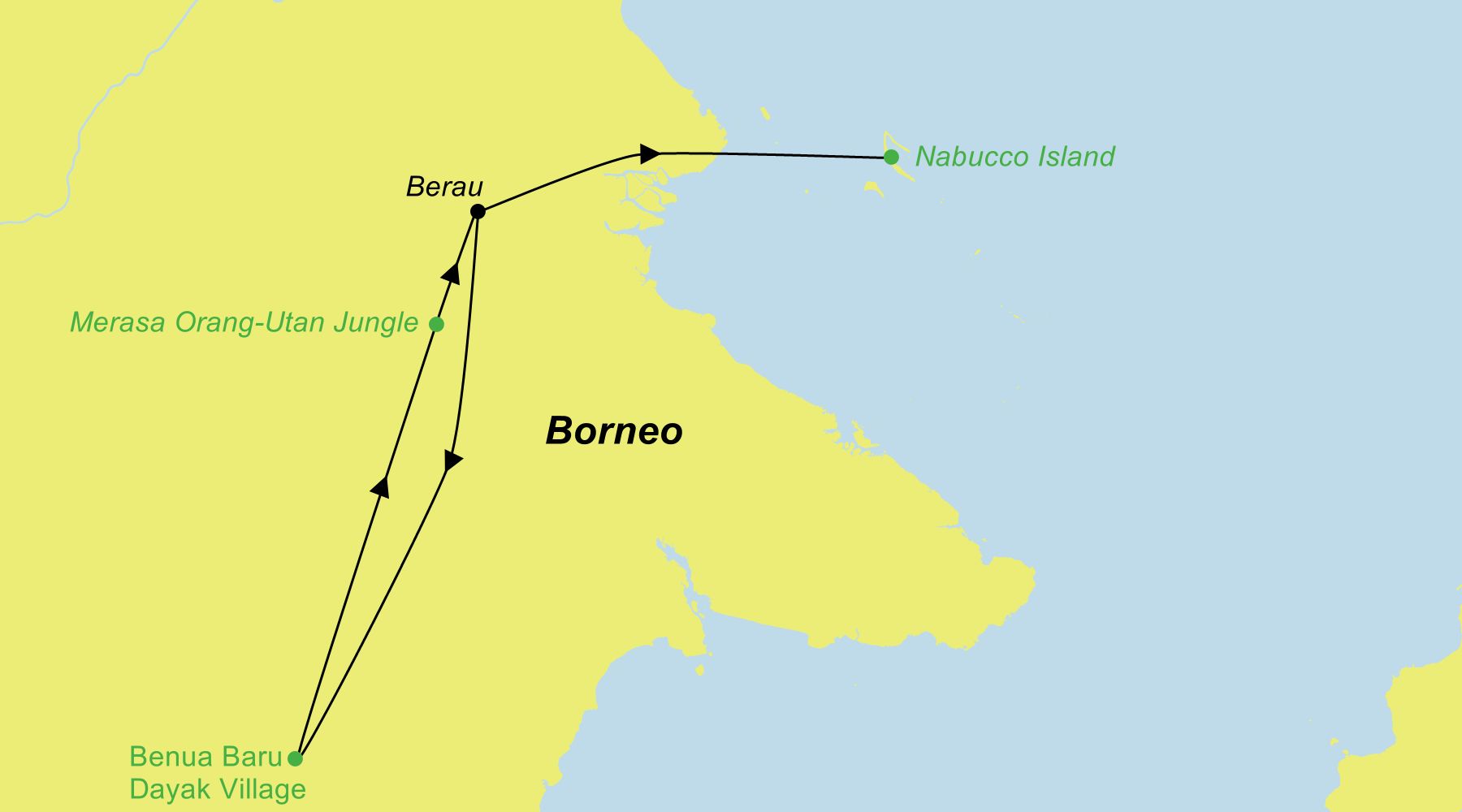 10-Tage-Tauchreise Kalimantan (Borneo) Übersichtskarte der Reiseroute für Tauchen in Kalimantan und Borneo-Rundreise von Berau zum Maratua Atoll nach Nabucco Island und ins Dayak-Dorf.