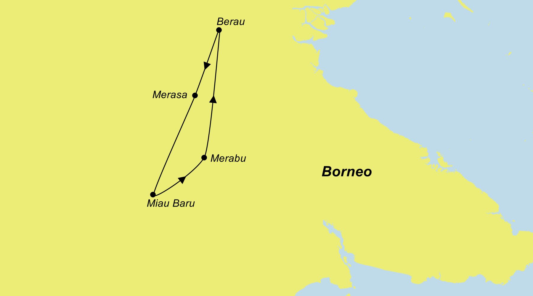 5-Tage-Rundreise Kalimantan (Borneo) Übersichtskarte der Reiseroute durch Kalimantan auf Borneo von Berau über Merasa und Miau Baru bis Merabu.