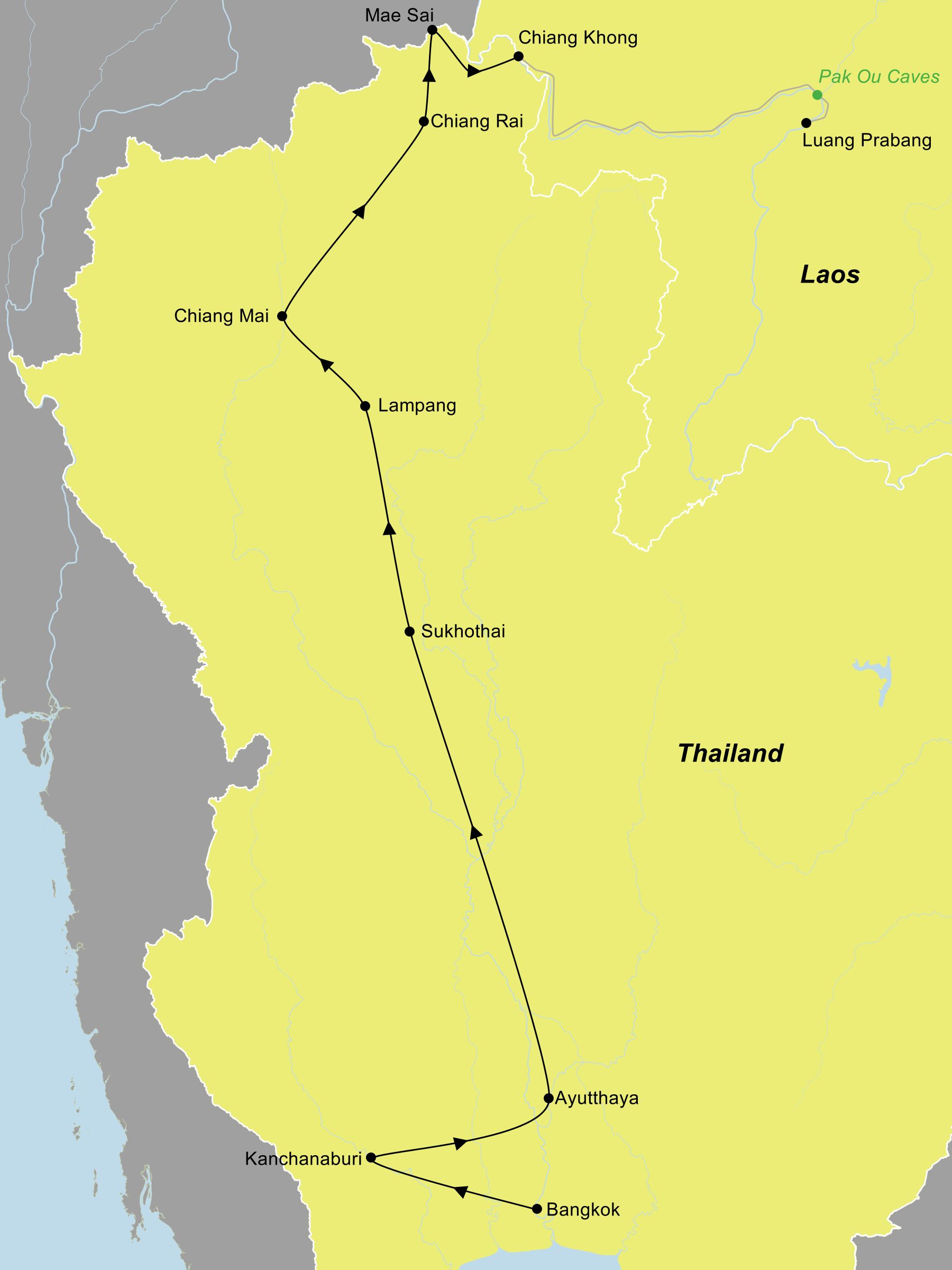 Reiseroute Thailand Laos – Im Bann des Mekong Karte der Rundreise durch Thailand und Laos mit allen Stationen von Bangkok bis Luang Prabang.