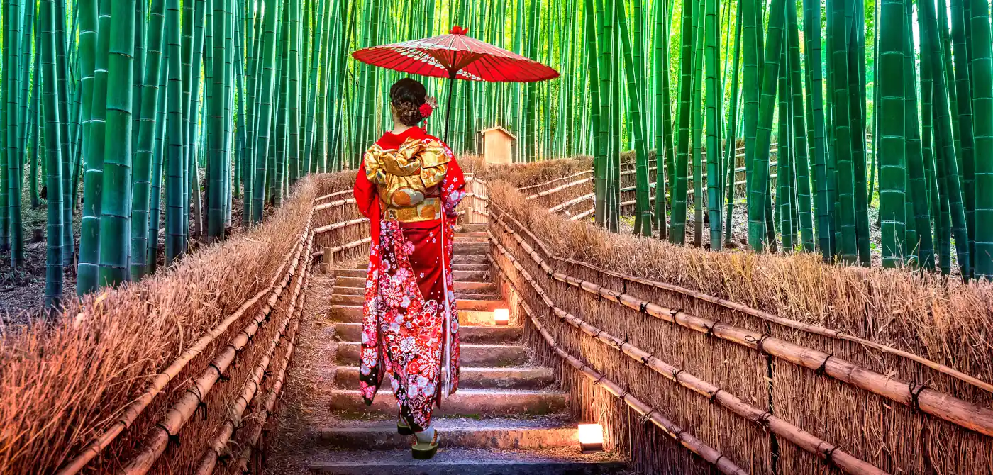 Traditionell gekleidete Frau im Bambuswald Arashiyama-Bambushain im japanischen Kyoto 