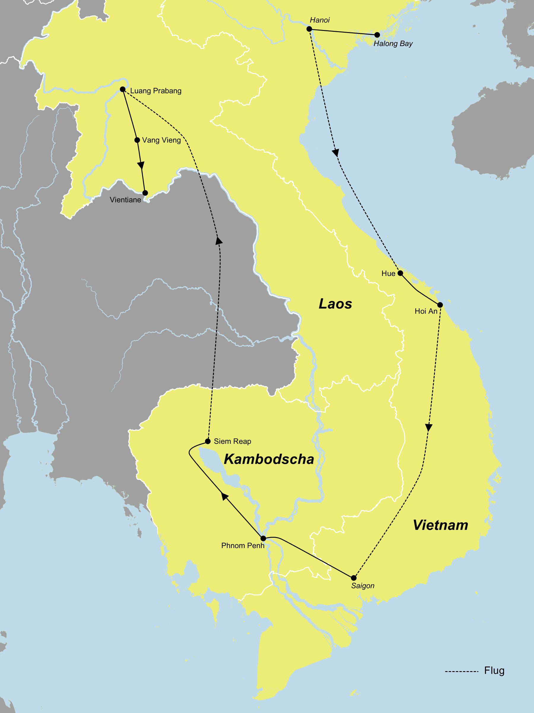 Karte der Reiseroute durch Vietnam, Kambodscha und Laos mit allen Reisestationen und Flugverbindungen.