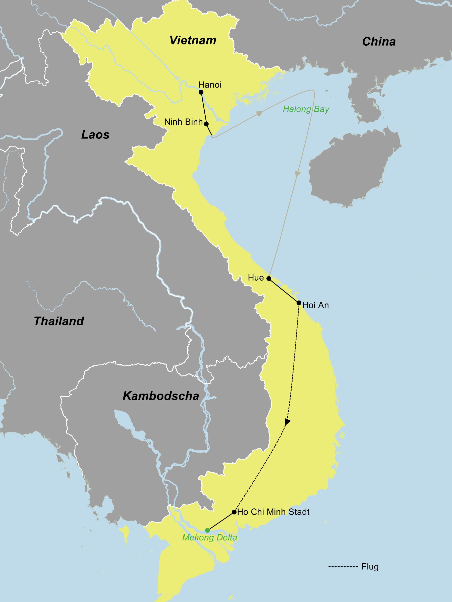 Karte der Vietnam Rundreise mit Reiseroute von Hanoi über die Halong-Bucht, Hue und Hoi An bis Ho Chi Minh Stadt