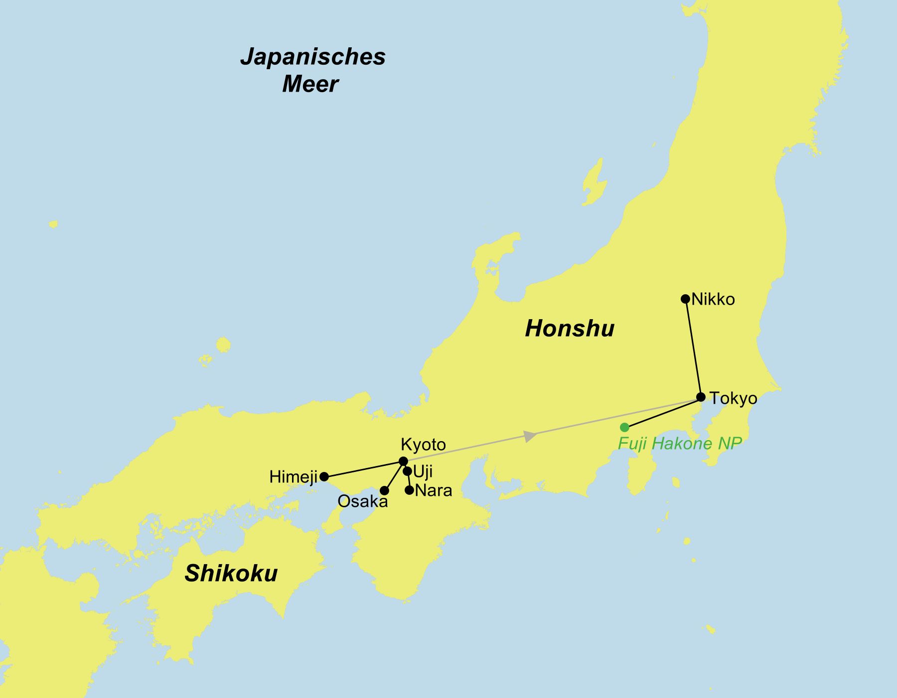 Reiseroute der Japan Individualreise mit Stationen in Osaka, Kyoto, Himeji, Nara, Uji, Tokyo, Nikko und dem Fuji-Hakone-Nationalpark.