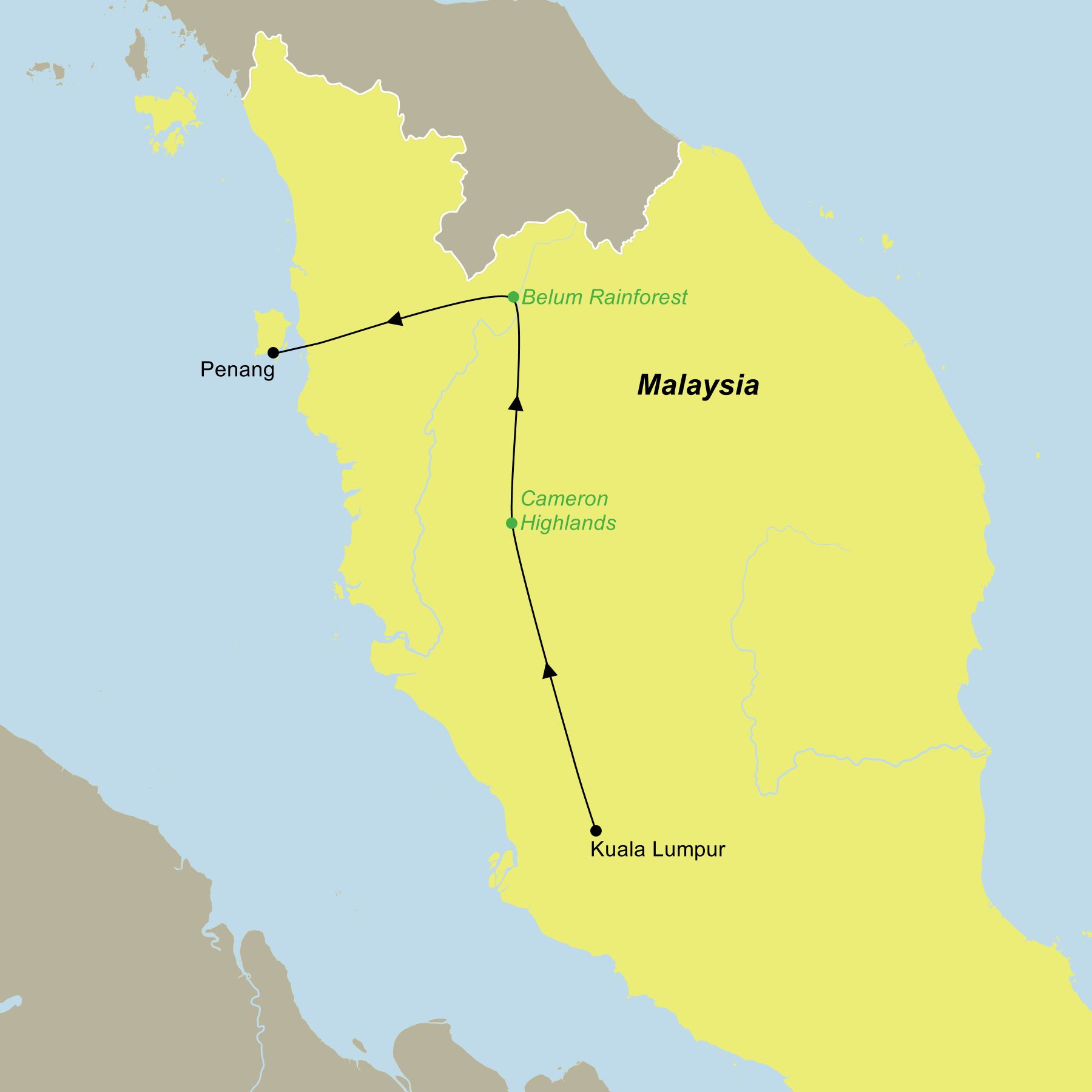Reiseroute der Reise Malaysia erleben Karte für eine Malaysia Rundreise: Route von Kuala Lumpur über die Cameron Highlands und den Belum Nationalpark nach Penang.