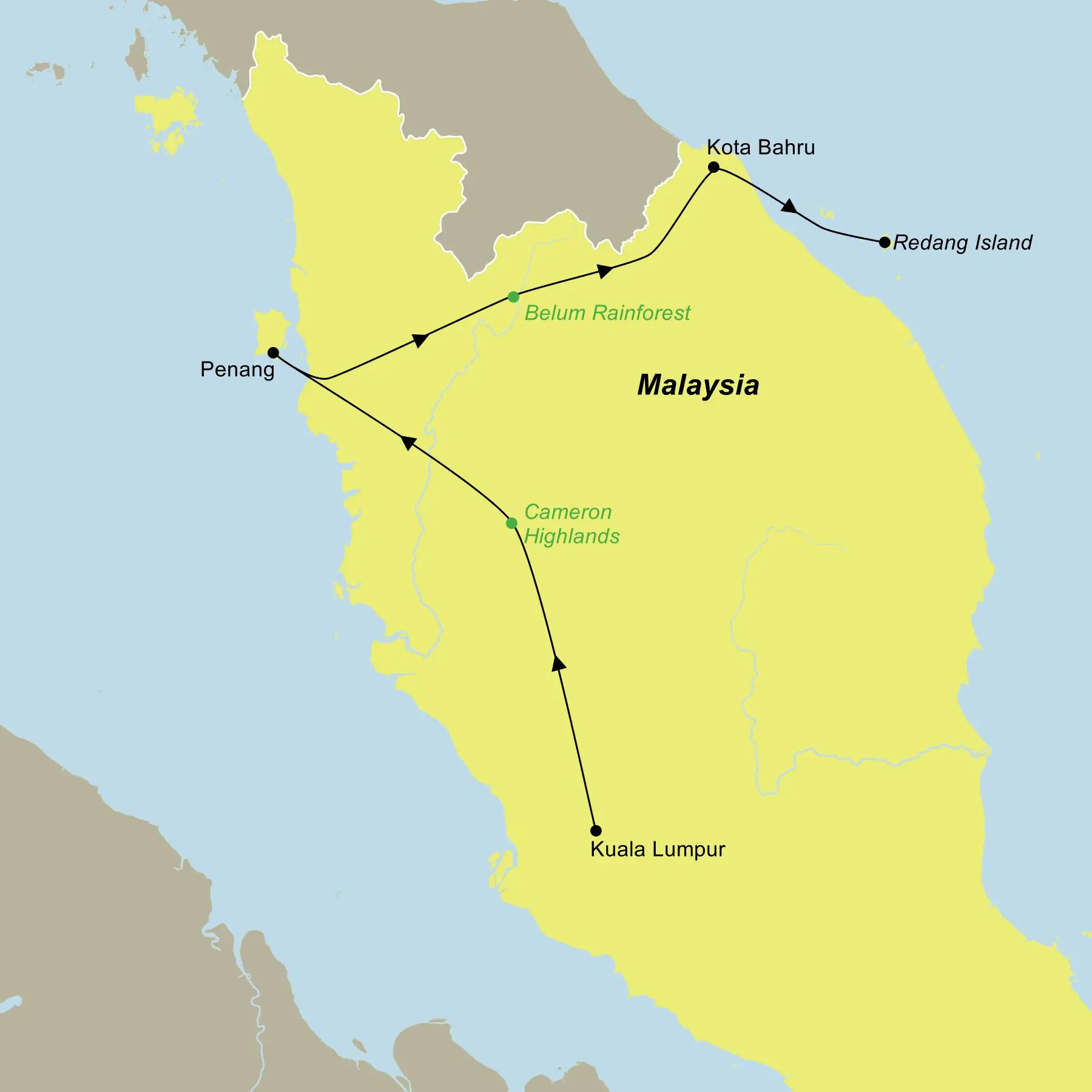 Reiseroute der Malaysia Individuell | Mietwagen-Rundreise mit Baden auf Trauminseln der Ostküste Reiseroute der Malaysia Individuell | Mietwagen-Rundreise mit Baden auf Trauminseln der Ostküste