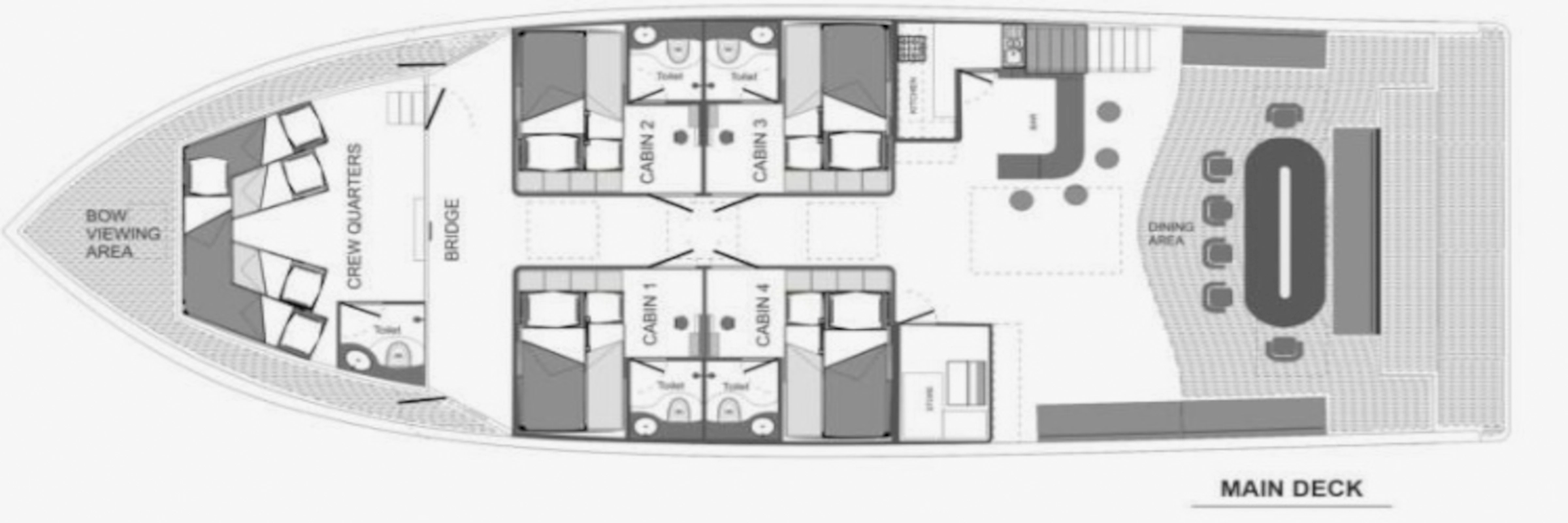 Deckplan des Hauptdecks der MV Misraab zeigt die 4 Kabinen mit Bad sowie Restaurantbereich und Bar