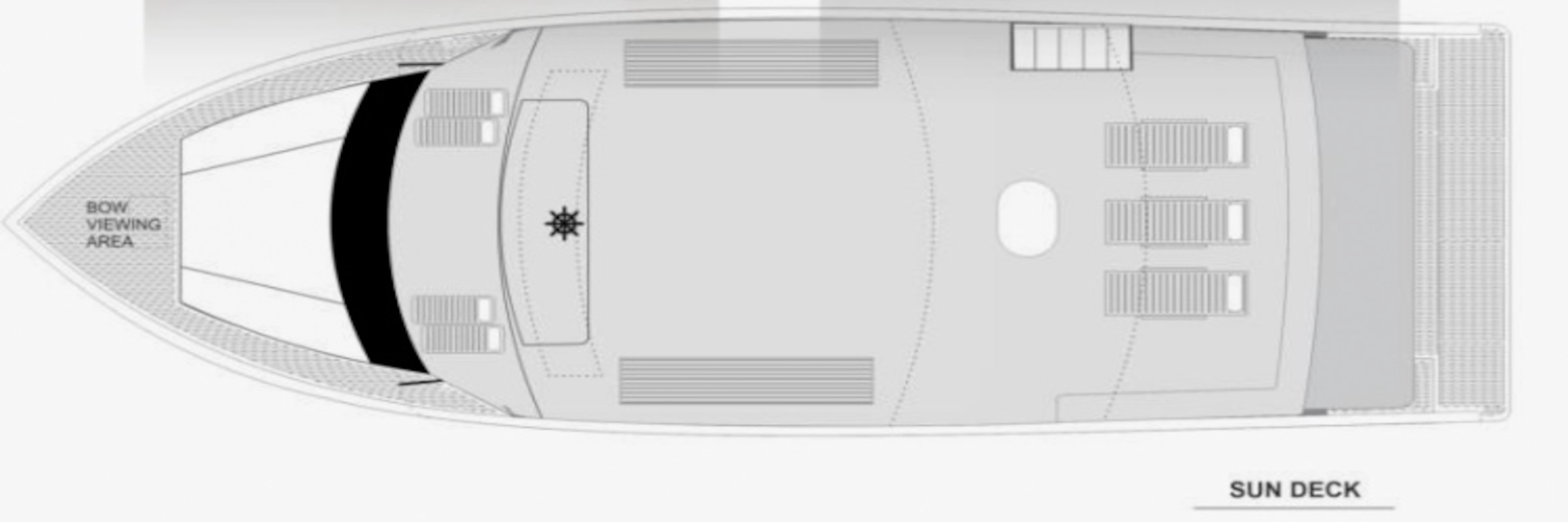 Deckplan des Sonnendecks der MV Misraab mit Sonnenliegen und Bow Viewing Area auf den Malediven