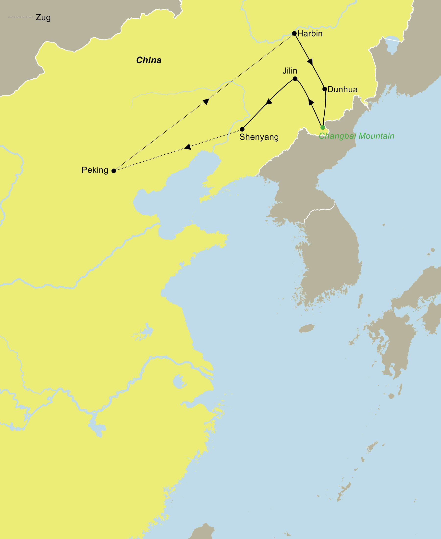 Reiseroute der Reise Nordostchina im Winter Übersichtskarte der Reiseroute von Peking bis Shenyang – Nordostchina im Winter Rundreise in China