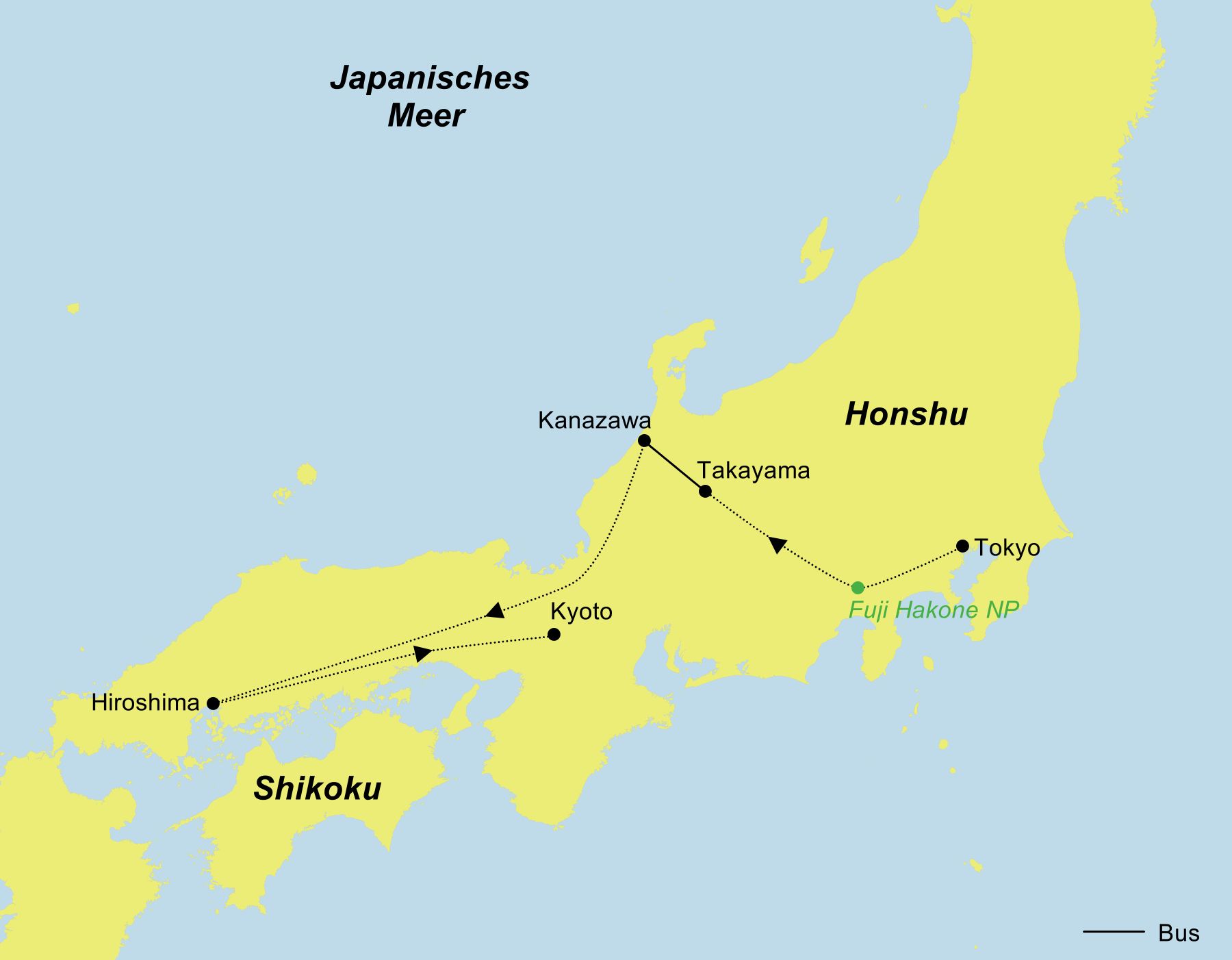 Reiseroute der individuellen Zugreise durch Japan Karte der individuellen Zugreise durch Japan mit den Stationen Tokyo, Fuji-Hakone-Nationalpark, Takayama, Kanazawa, Hiroshima und Kyoto
